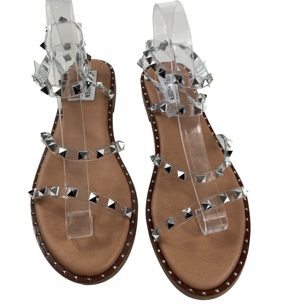 Steve Madden Travel Strappy Studded Flat Sandals in Clear Size 11 - Picture 2 of 6